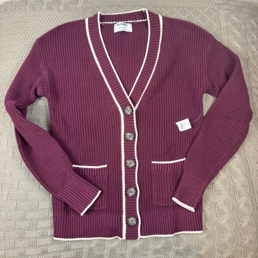 New Old Navy Eggplant Old Money Cardigan with White Trim ~ XS